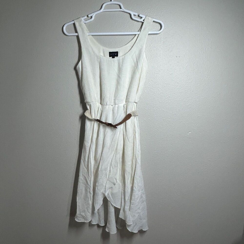 AUW Dress Womens S Ivory Sleeveless Belted Textured Lined Summer Boho Casual